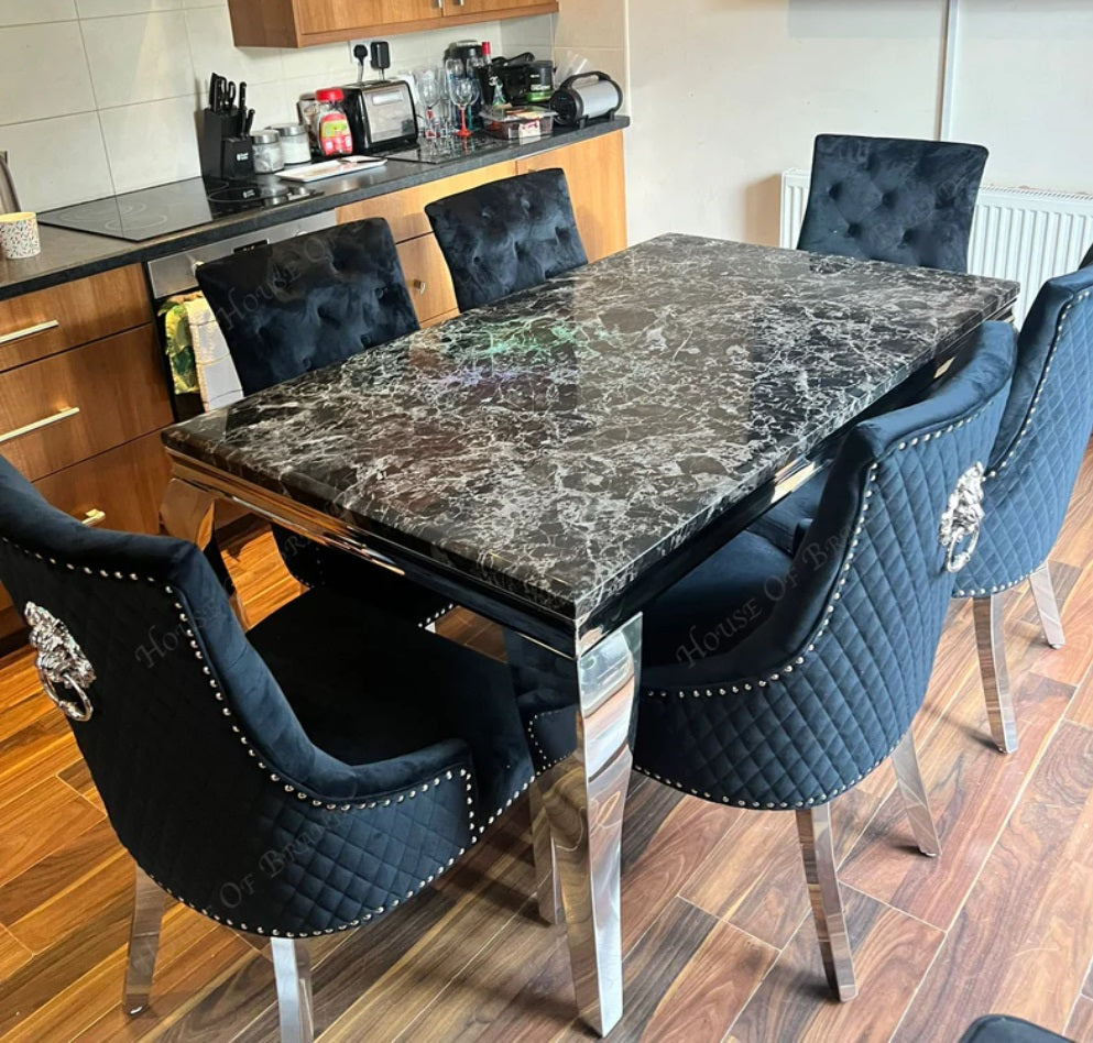 150cm Marble Rome Dining Table with 6 Madrid Velvet Chairs