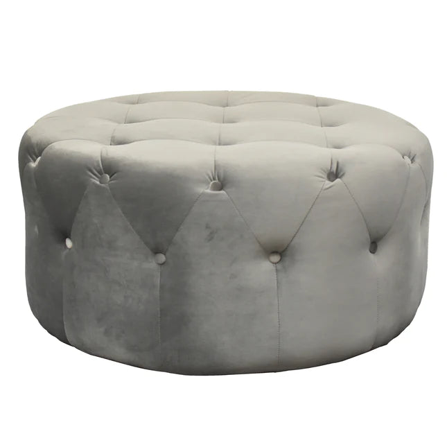 GREY ROUND CHESTERFIELD VELVET FOOTSTOOL