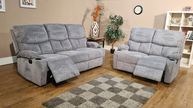 Sierra Light Grey Fabric 3 Seater & 2 Seater Recliner Sofa Set