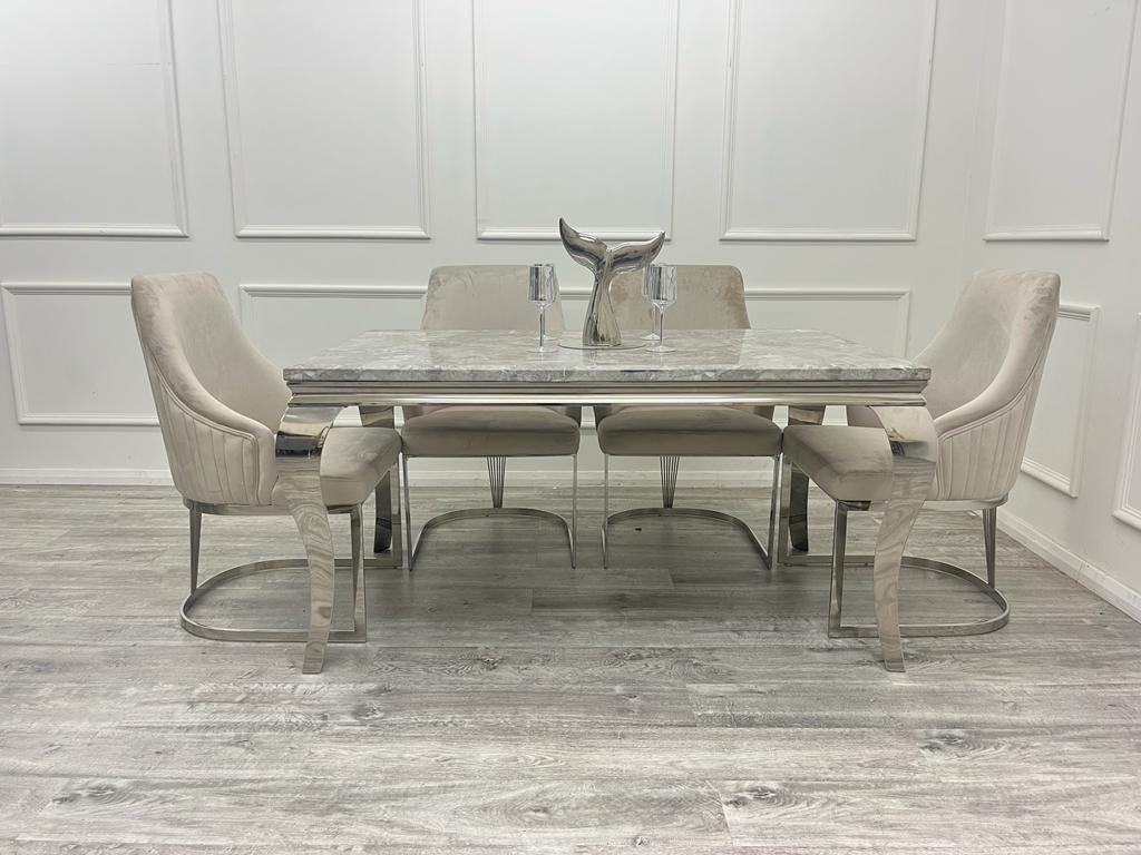 1.8 Louis Chrome Marble Dining Set with Chelmsford Chrome Chairs