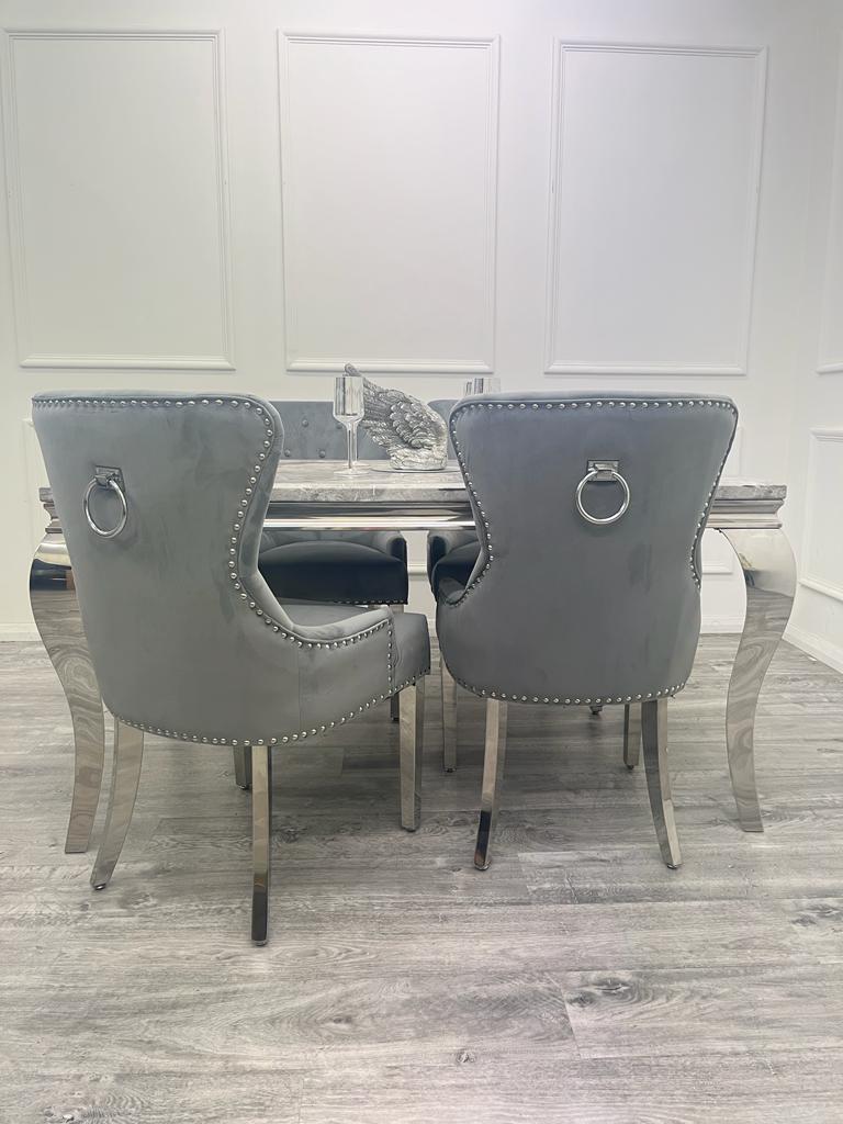 Louis Chrome Marble Dining Set with Megan Grey Chairs