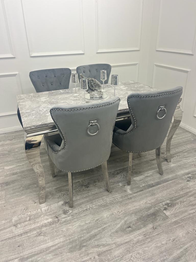 Louis Chrome Marble Dining Set with Megan Grey Chairs