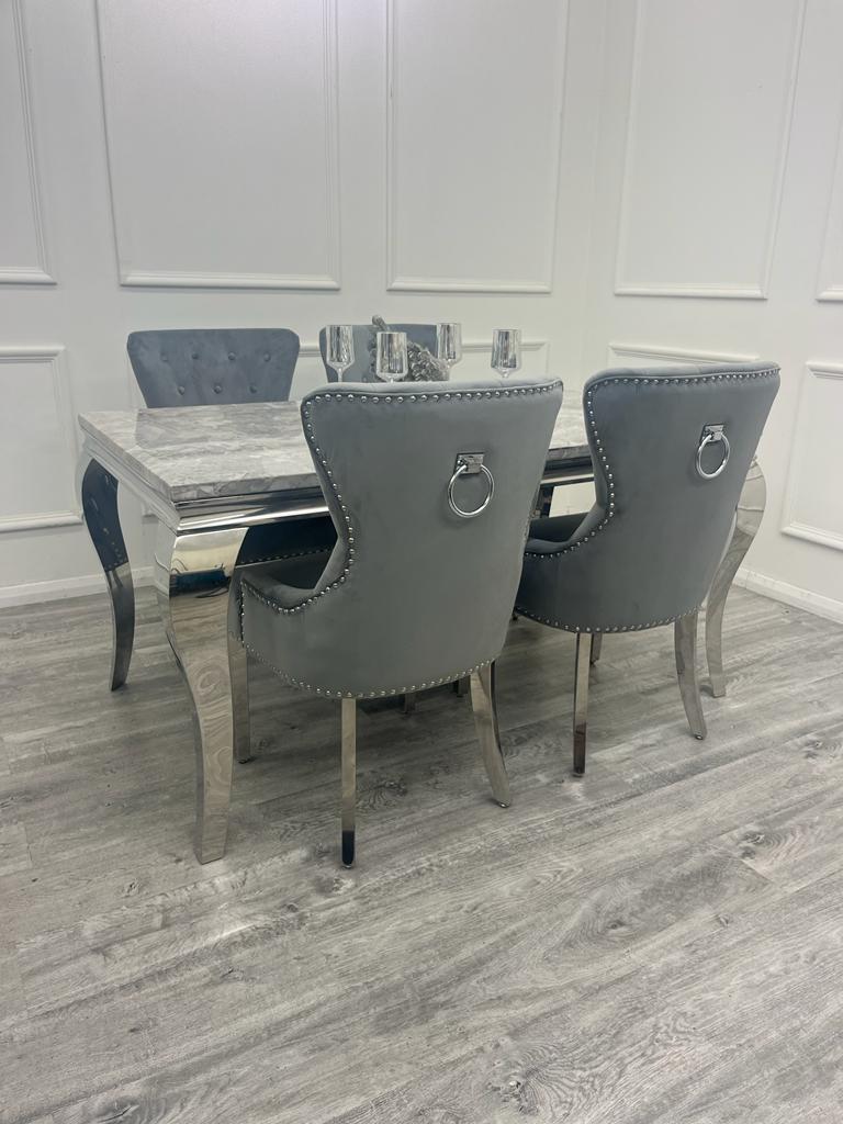 Louis Chrome Marble Dining Set with Megan Grey Chairs