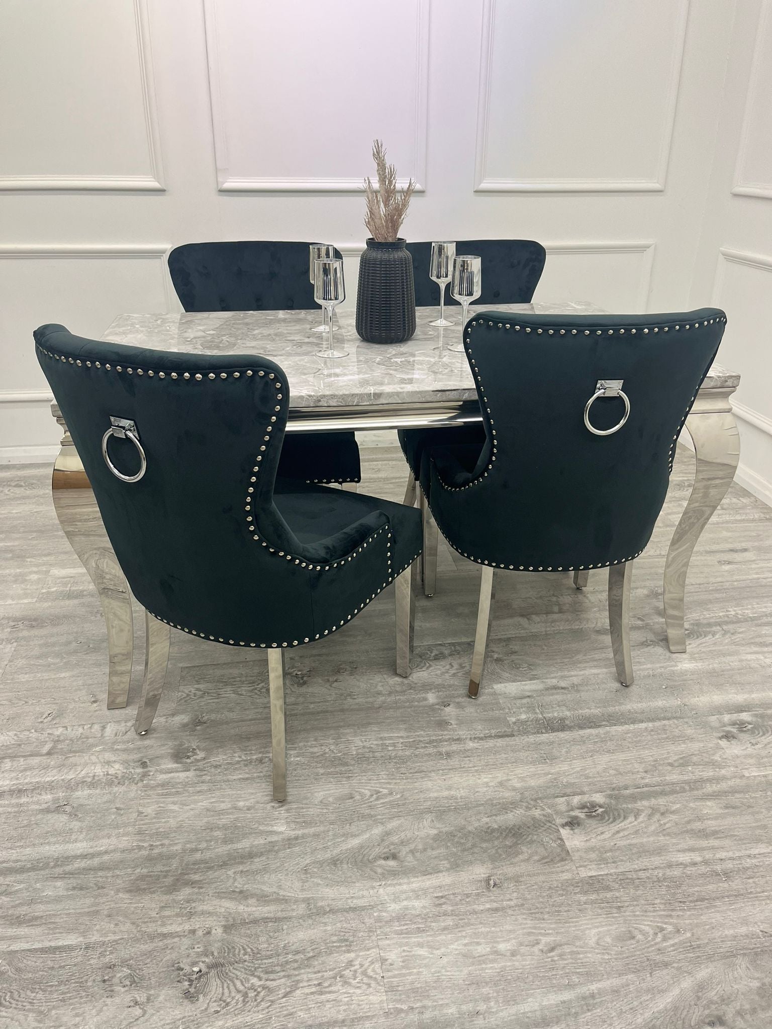 Louis Chrome Marble Dining Set with Megan Grey Chairs