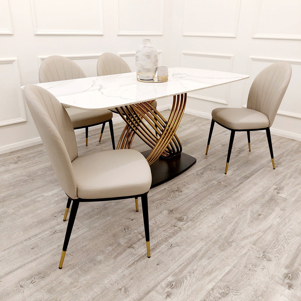 Orion Gold 1.8 Dining Table with Polar White Sintered Stone Top with Etta Chairs Set