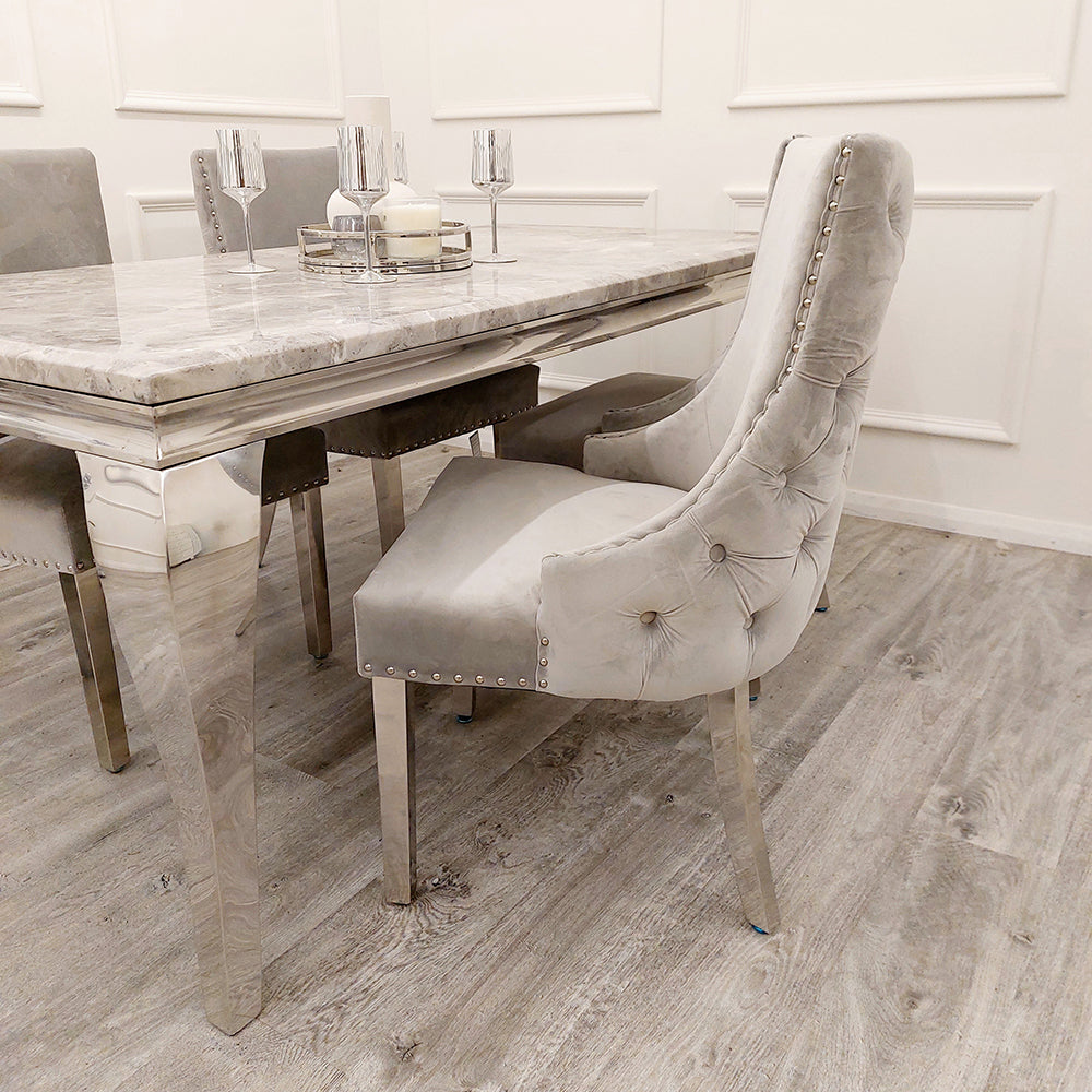 Louis Chrome Marble Dining Set with Kensington Light Grey Chairs