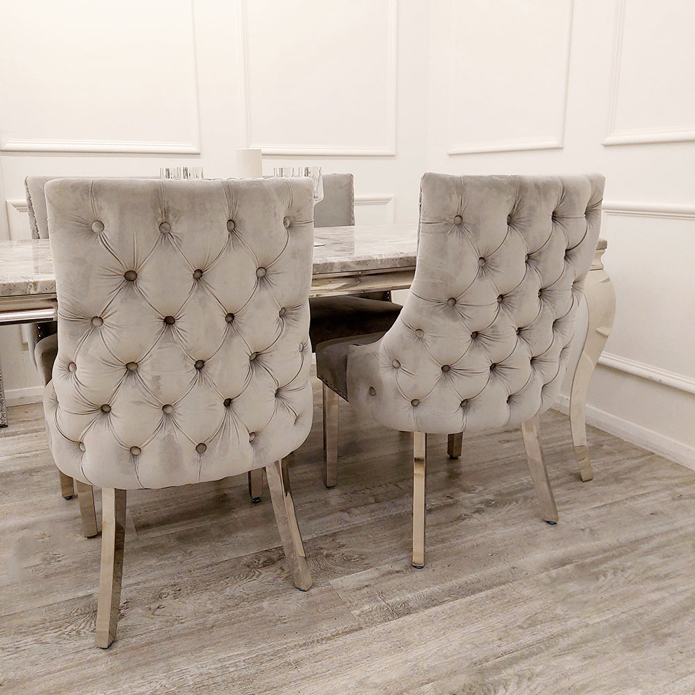 Louis Chrome Marble Dining Set with Kensington Light Grey Chairs