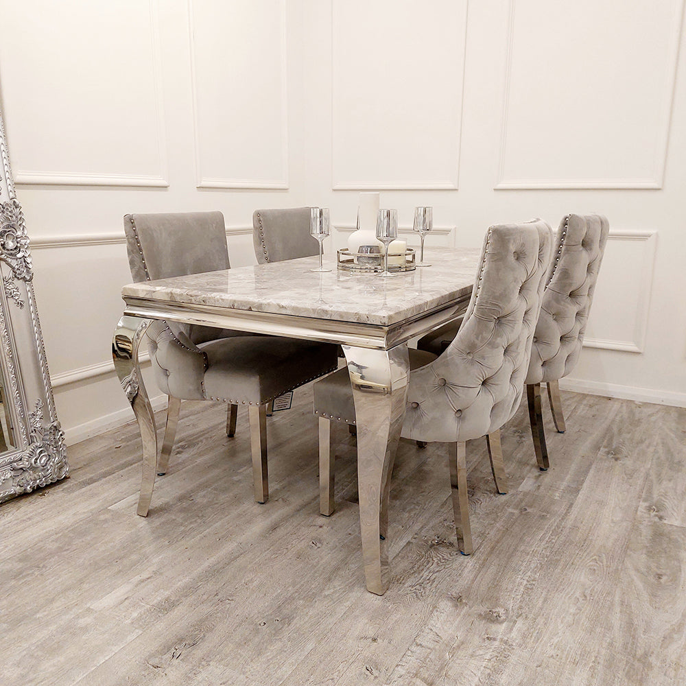 Louis Chrome Marble Dining Set with Kensington Light Grey Chairs