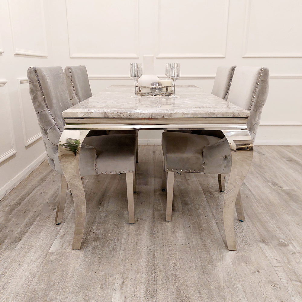 Louis Chrome Marble Dining Set with Kensington Light Grey Chairs