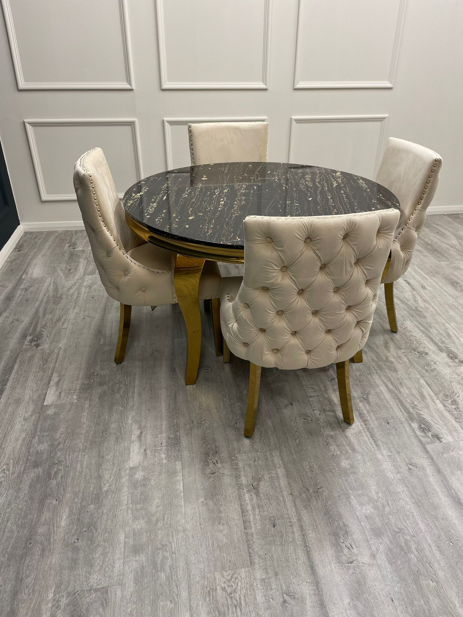 Louis Gold Marble Round Dining Set with Kensington Cream Chairs