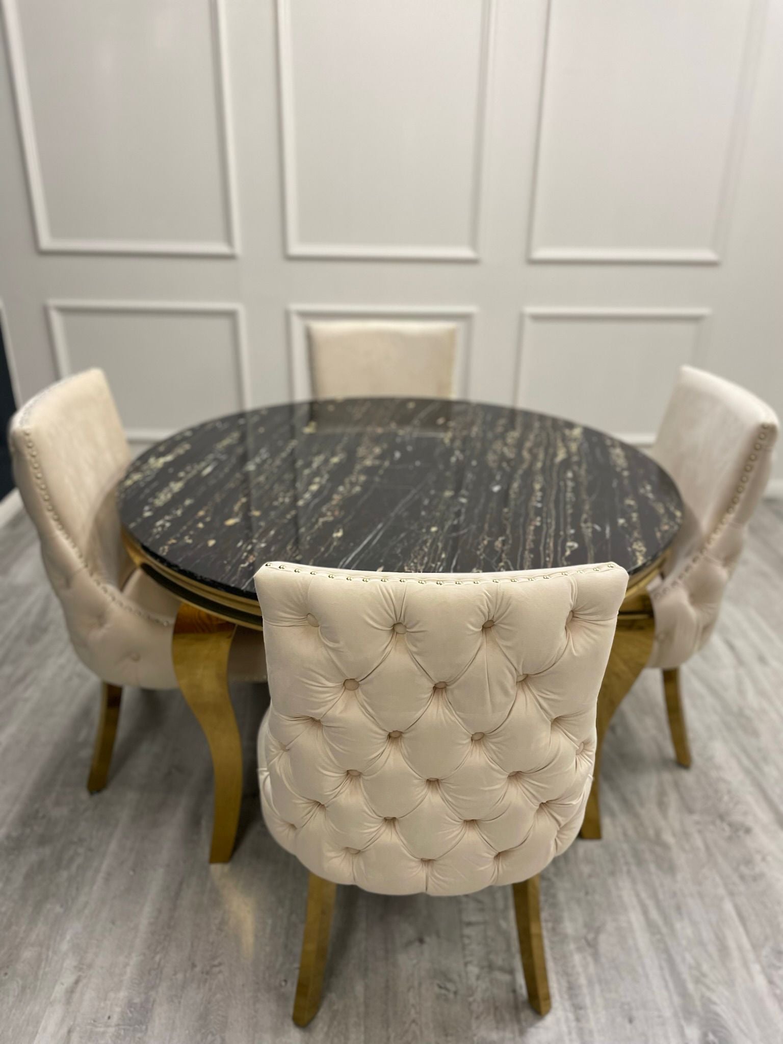 Louis Gold Marble Round Dining Set with Kensington Cream Chairs