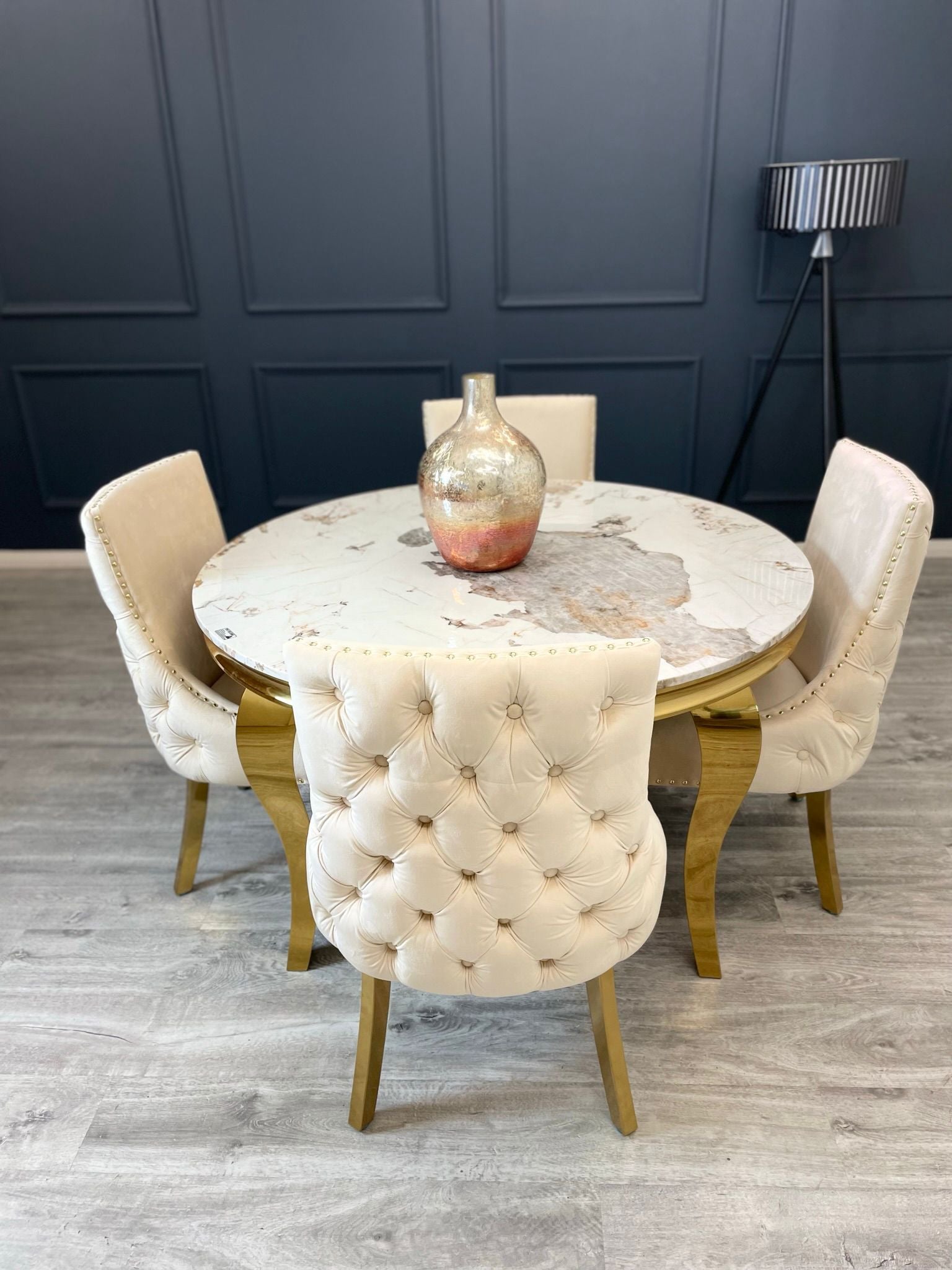 Louis Gold Marble Round Dining Set with Kensington Cream Chairs