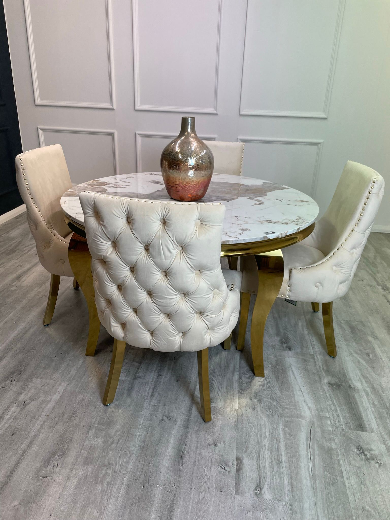 Louis Gold Marble Round Dining Set with Kensington Cream Chairs