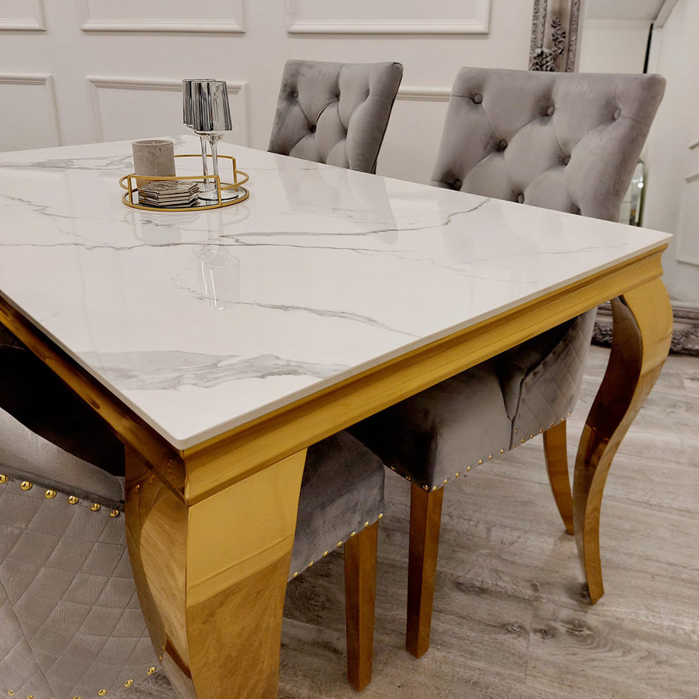 1.8 Louis Gold Marble Dining Set with Bentley Gold Chairs