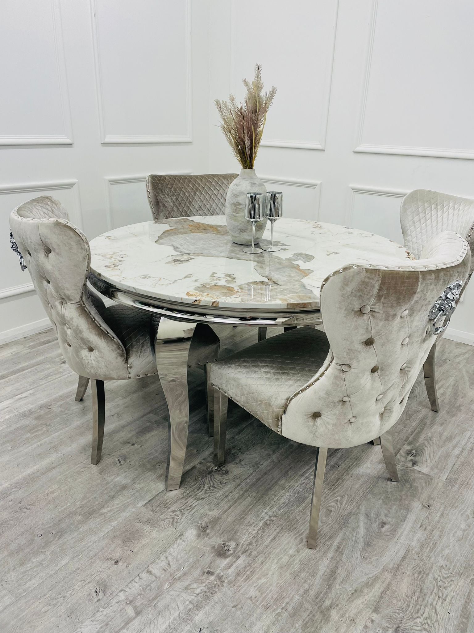 Louis Chrome Marble Round Dining Set with Chelsea Chairs