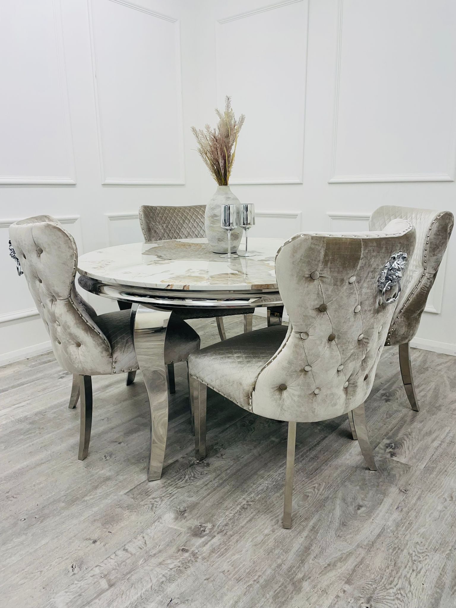 Louis Chrome Marble Round Dining Set with Chelsea Chairs