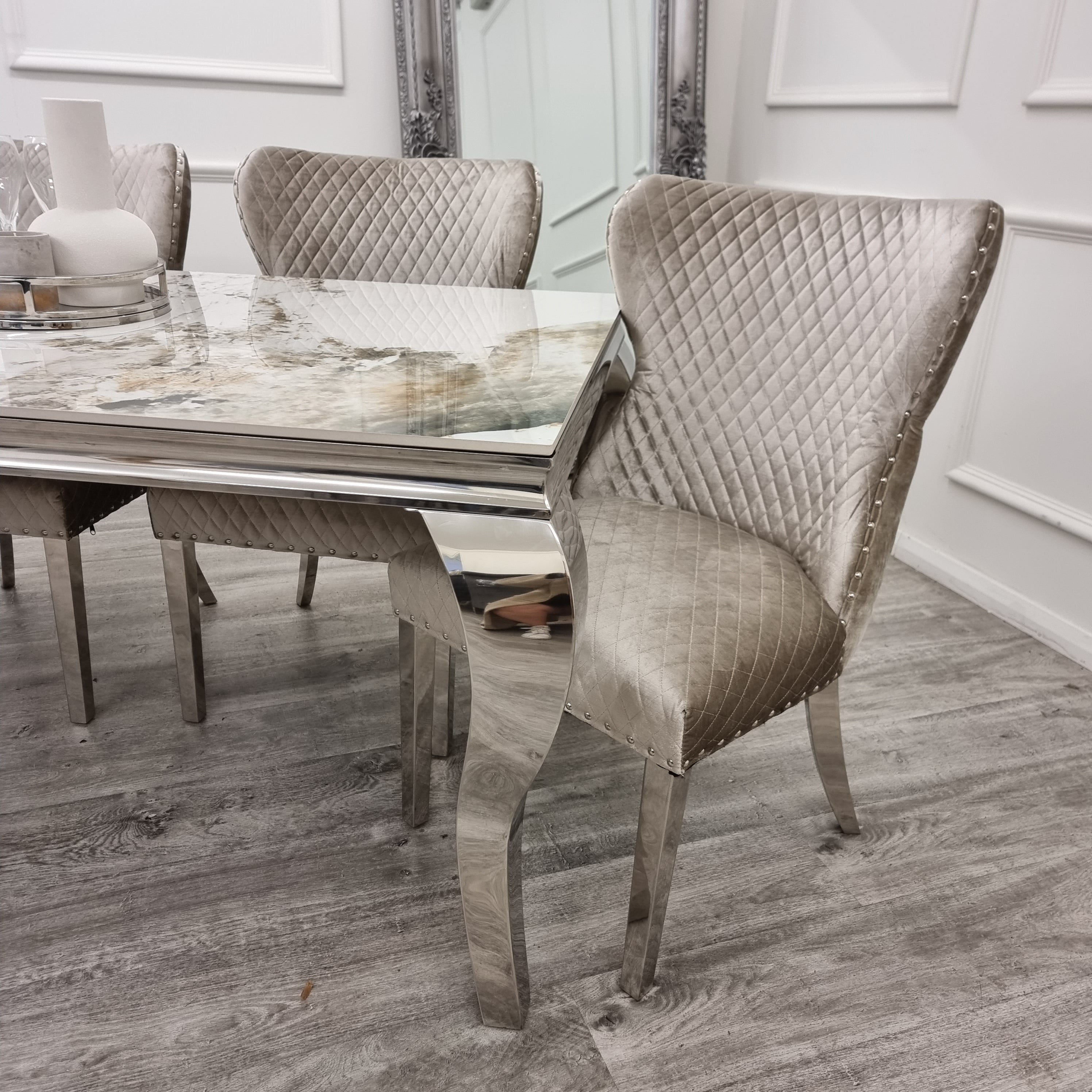 Louis Chrome Marble Dining Set with Chelsea Chairs