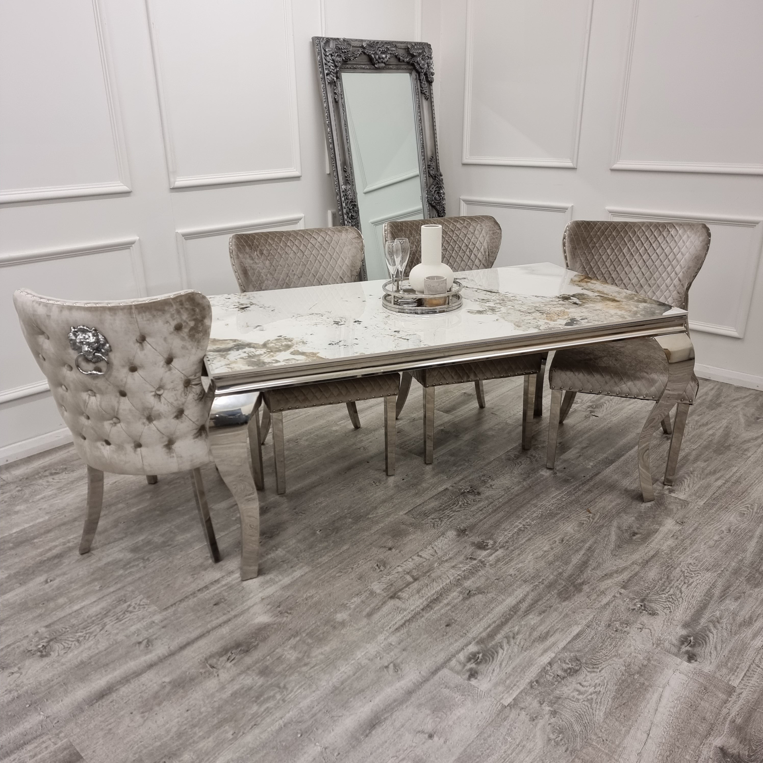 Louis Chrome Marble Dining Set with Chelsea Chairs