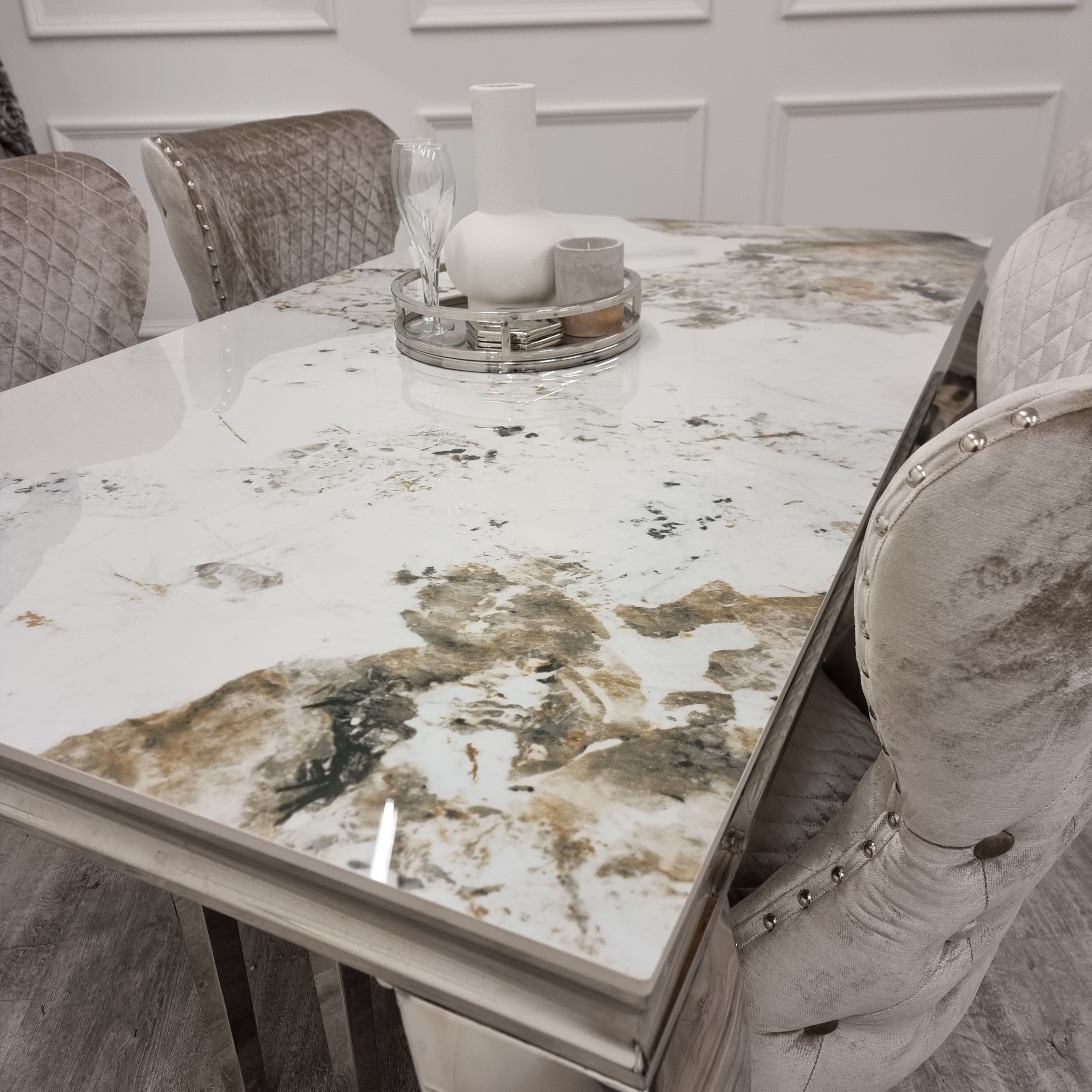 Louis Chrome Marble Dining Set with Chelsea Chairs