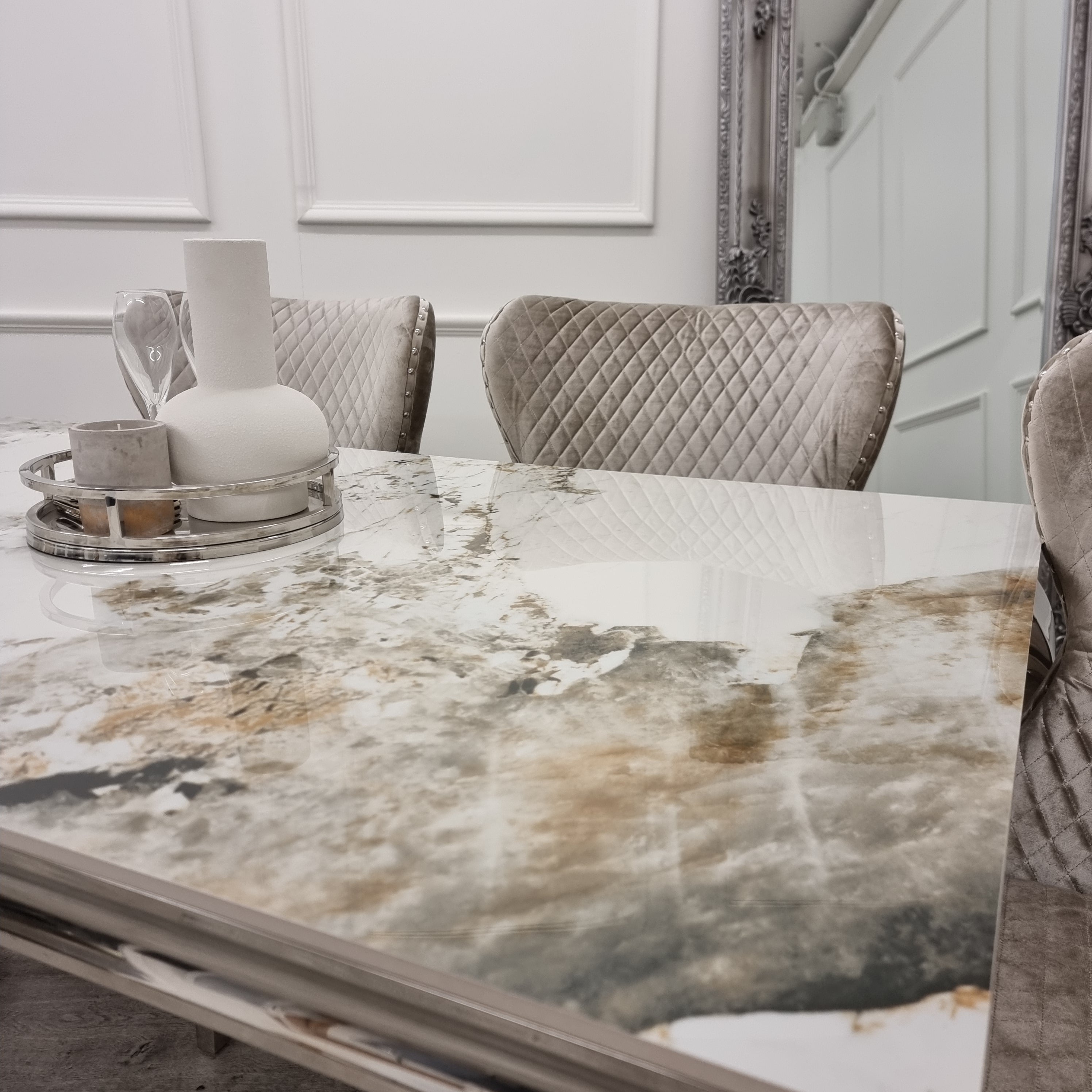 Louis Chrome Marble Dining Set with Chelsea Chairs