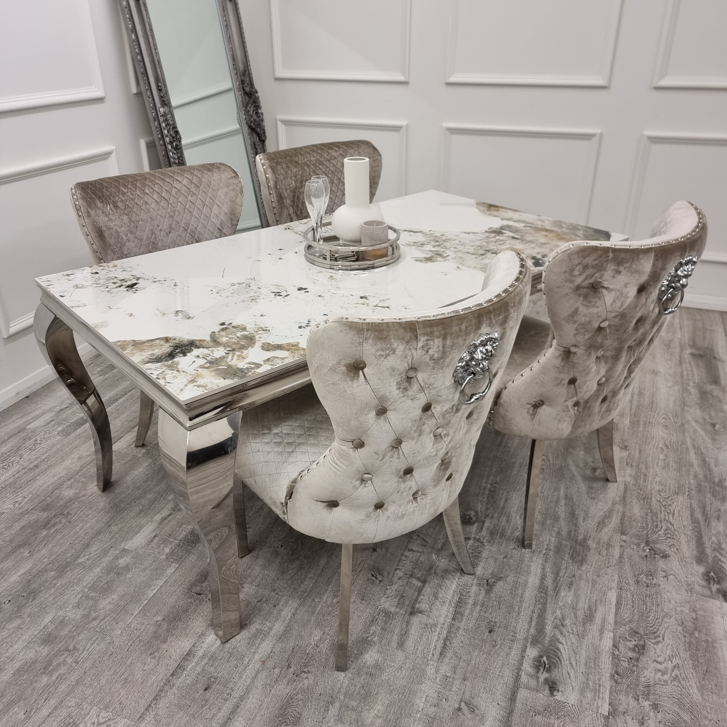 Louis Chrome Marble Dining Set with Chelsea Chairs