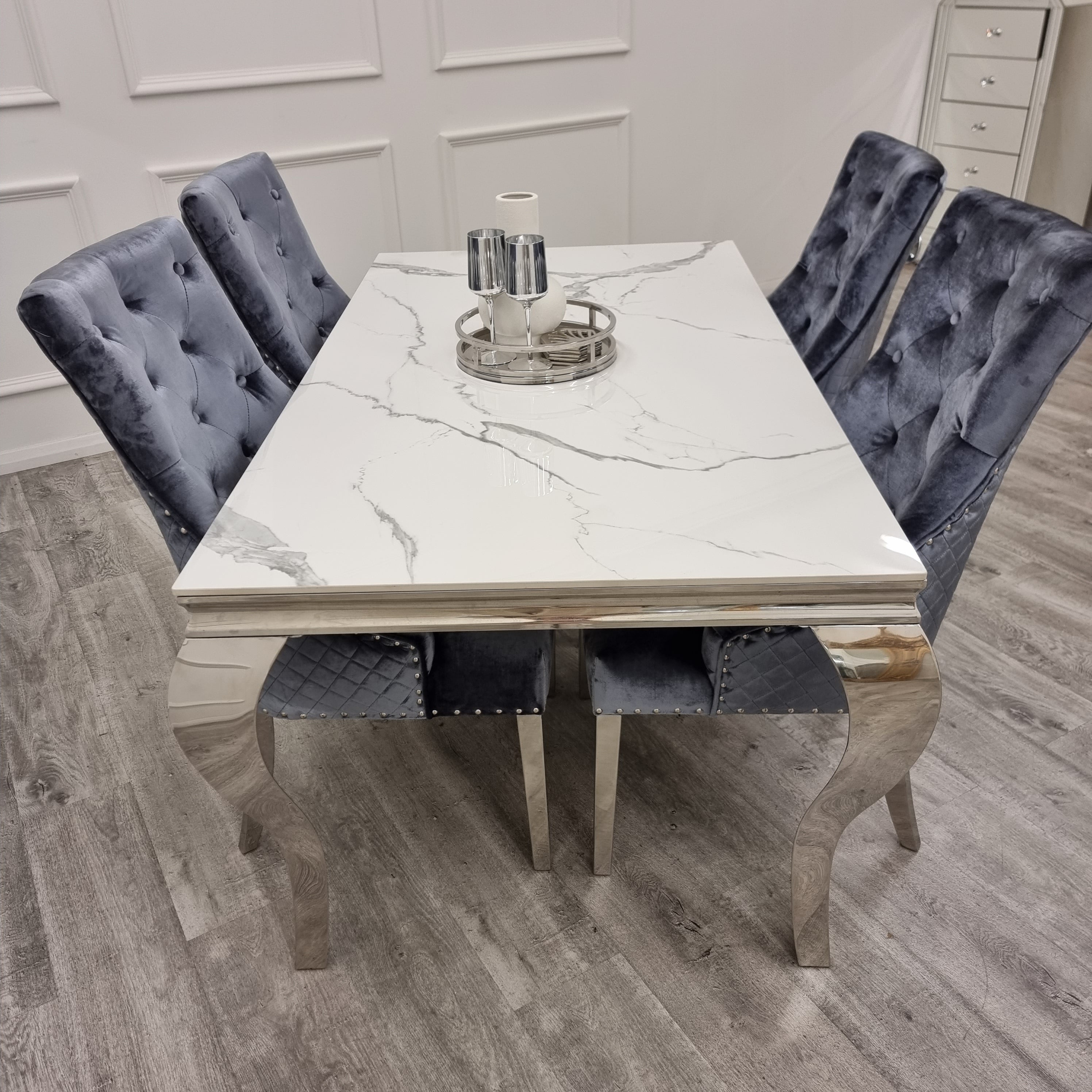 Louis Chrome Marble Dining Set with Bentley Chairs