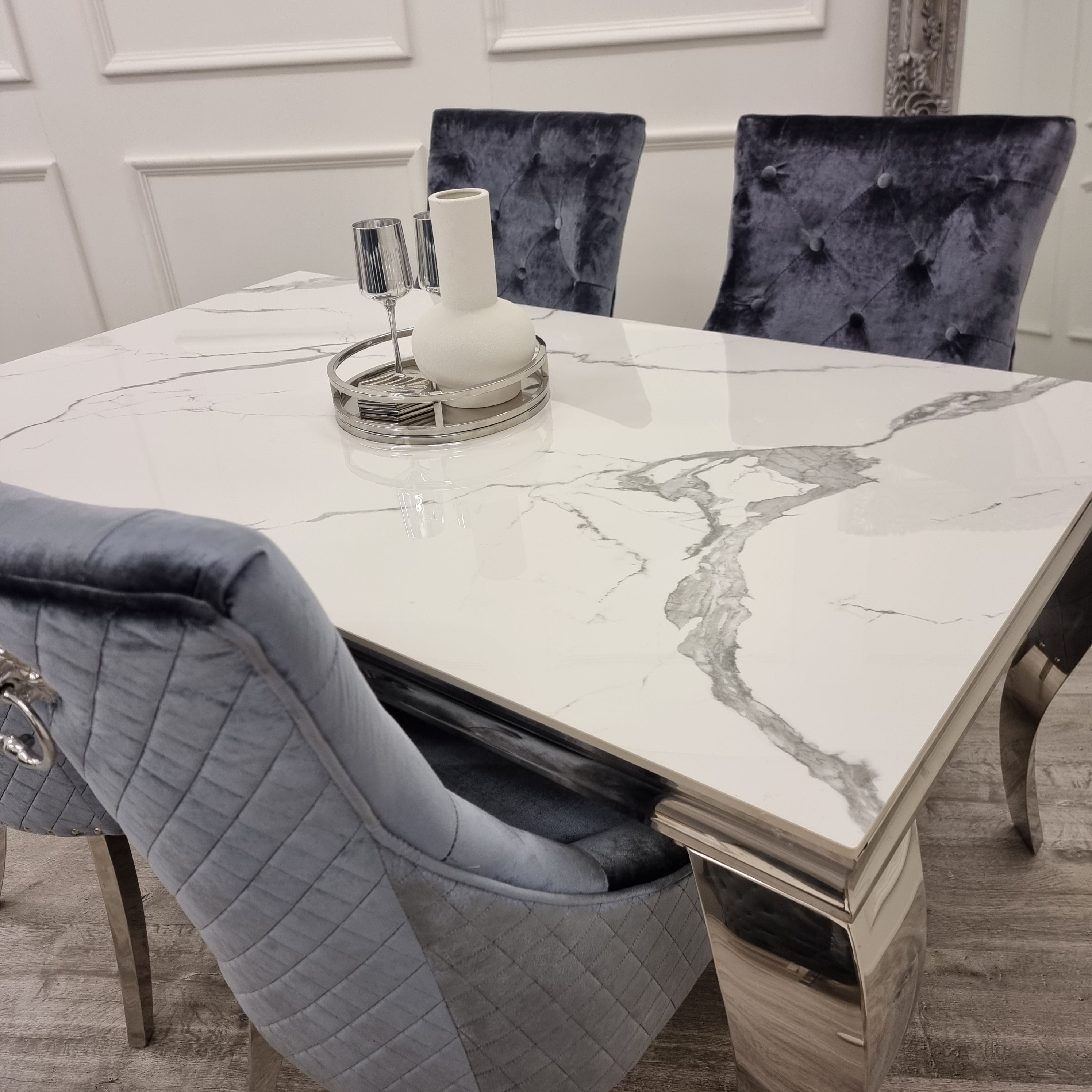 Louis Chrome Marble Dining Set with Bentley Chairs