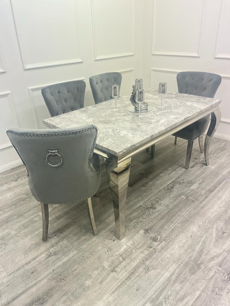 Louis Chrome Marble Dining Set with Megan Grey Chairs