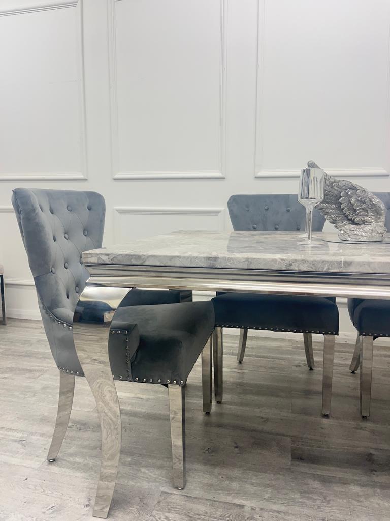 Louis Chrome Marble Dining Set with Megan Grey Chairs