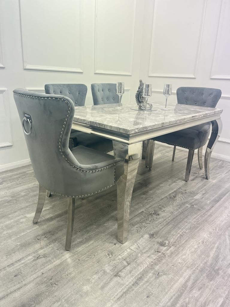 Louis Chrome Marble Dining Set with Megan Grey Chairs