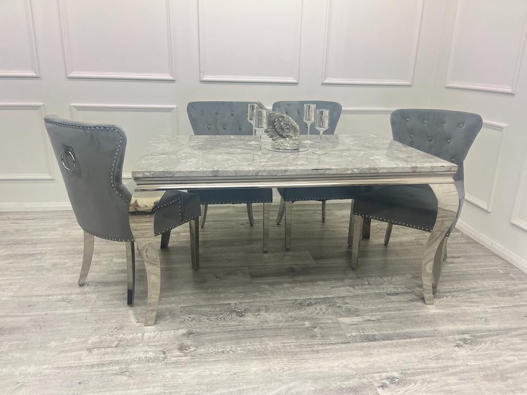 Louis Chrome Marble Dining Set with Megan Grey Chairs