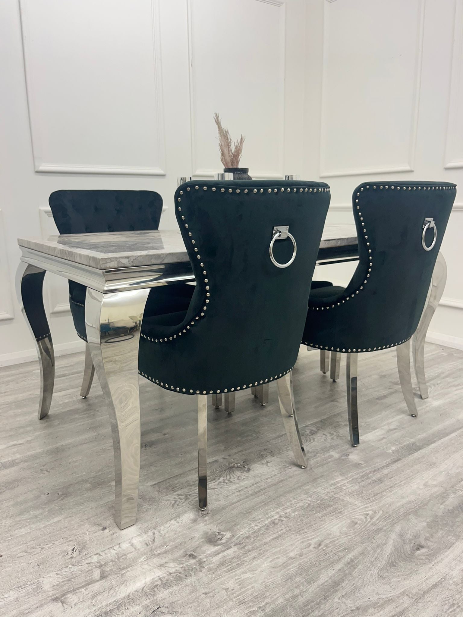 Louis Chrome Marble Dining Set with Megan Grey Chairs