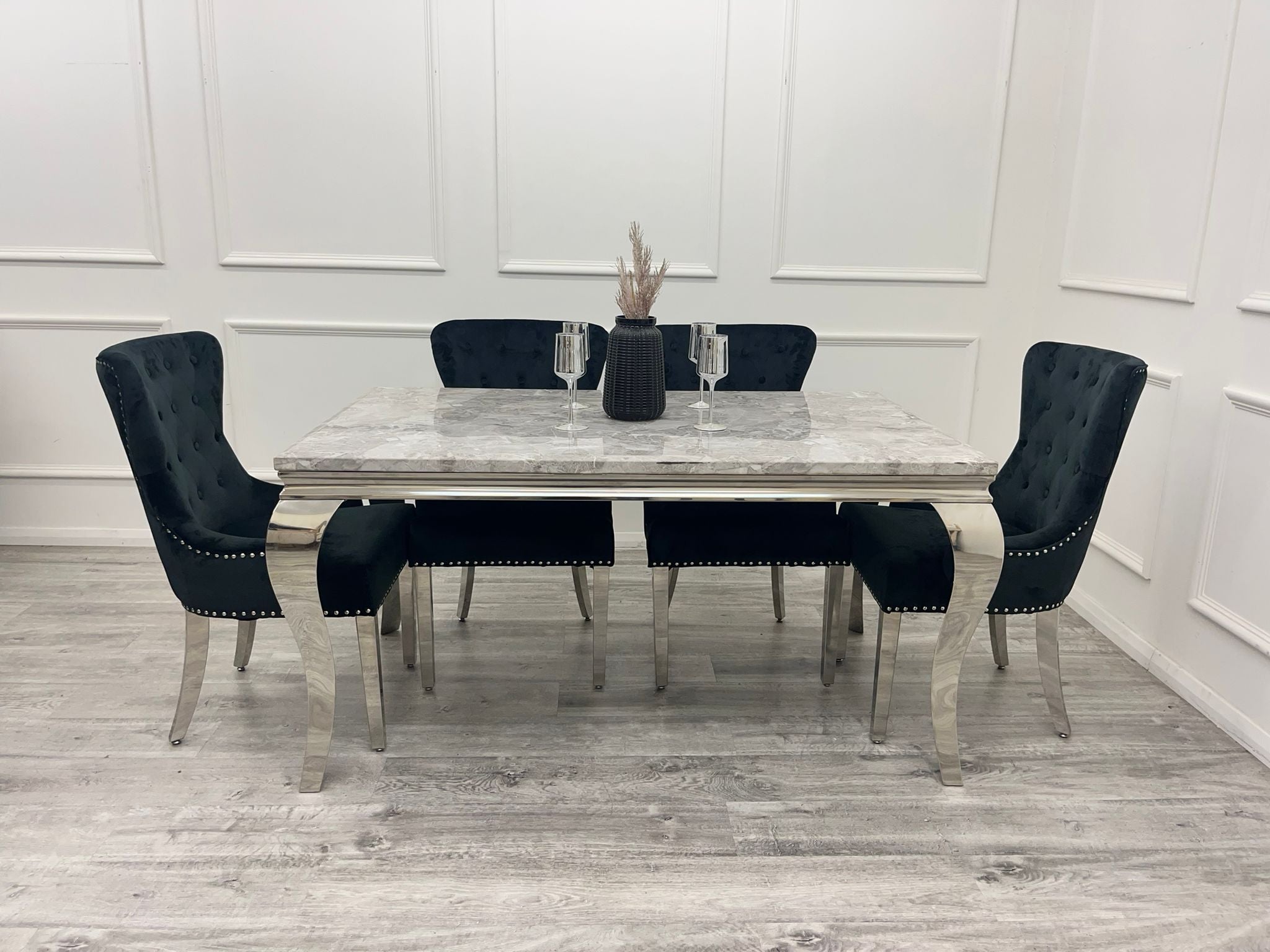 Louis Chrome Marble Dining Set with Megan Grey Chairs