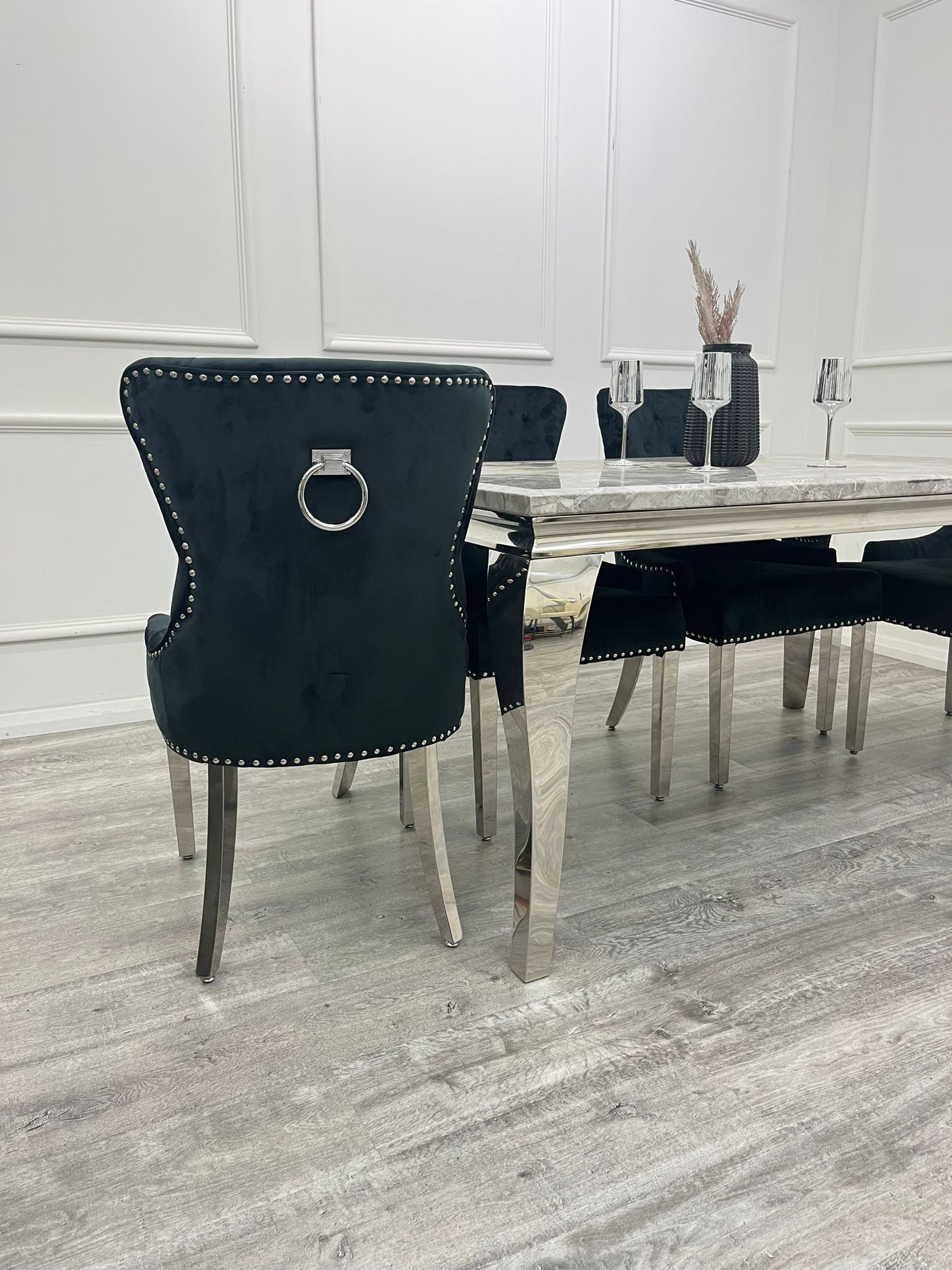 Louis Chrome Marble Dining Set with Megan Grey Chairs