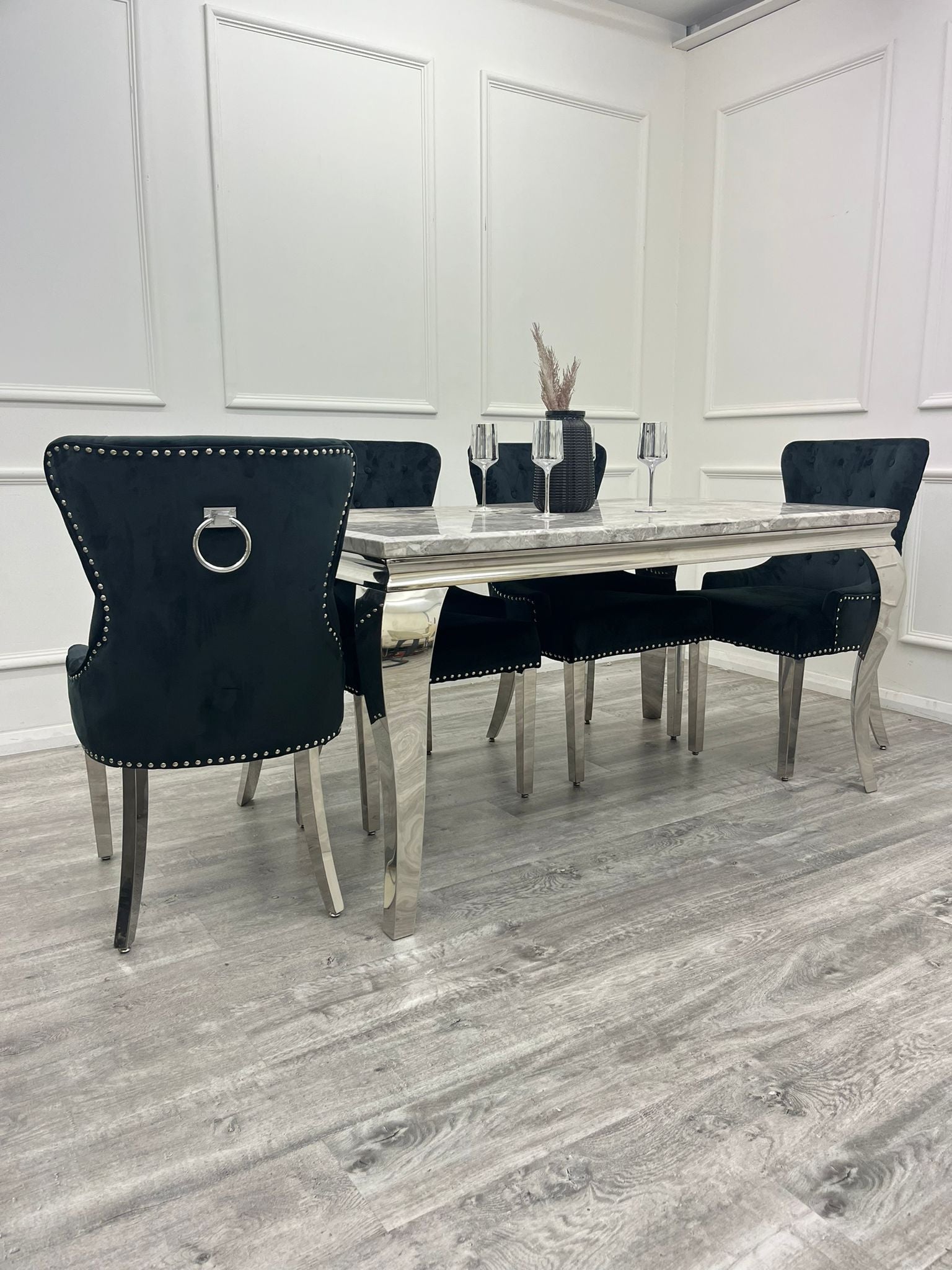 Louis Chrome Marble Dining Set with Megan Grey Chairs