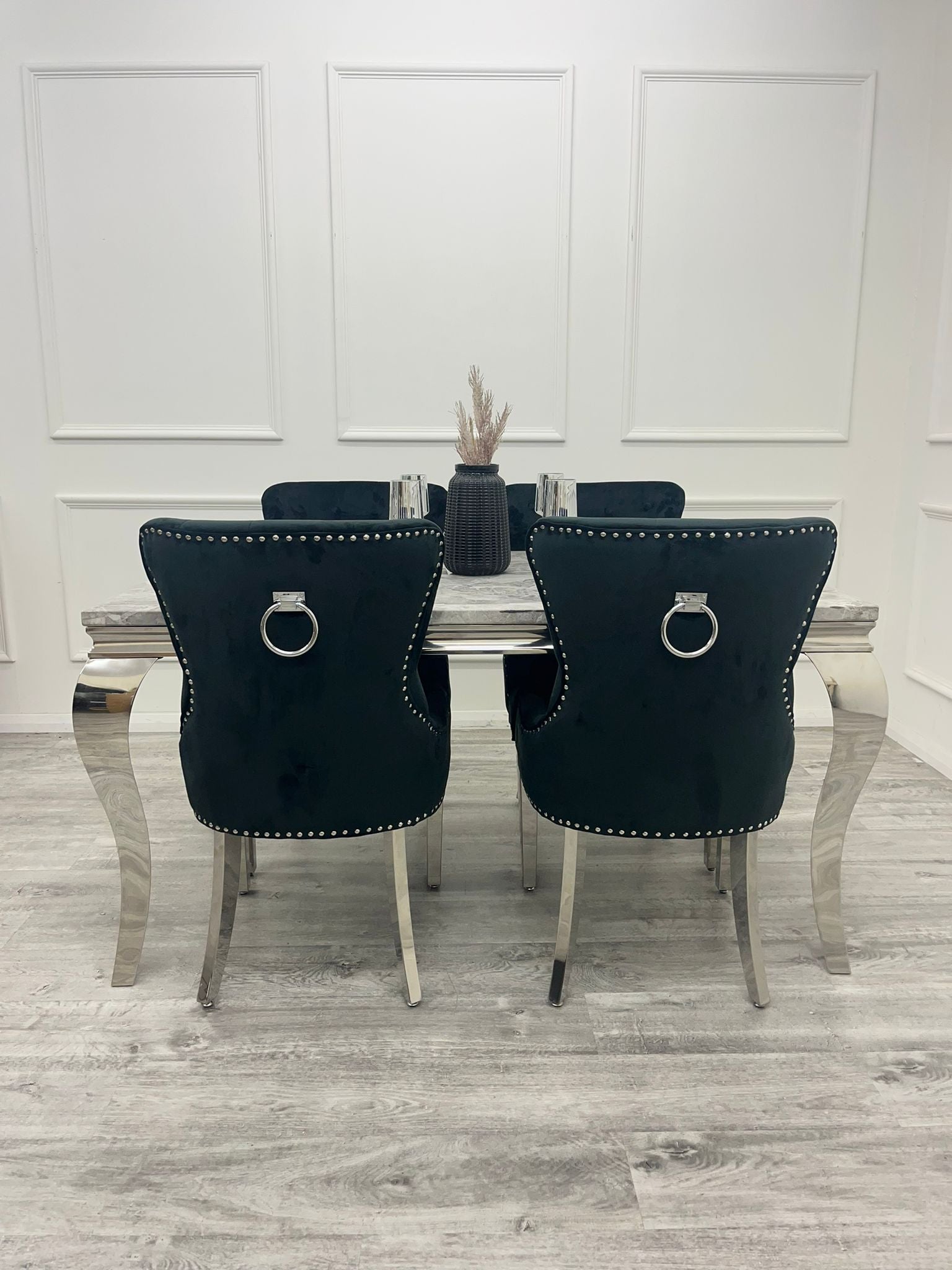 Louis Chrome Marble Dining Set with Megan Grey Chairs