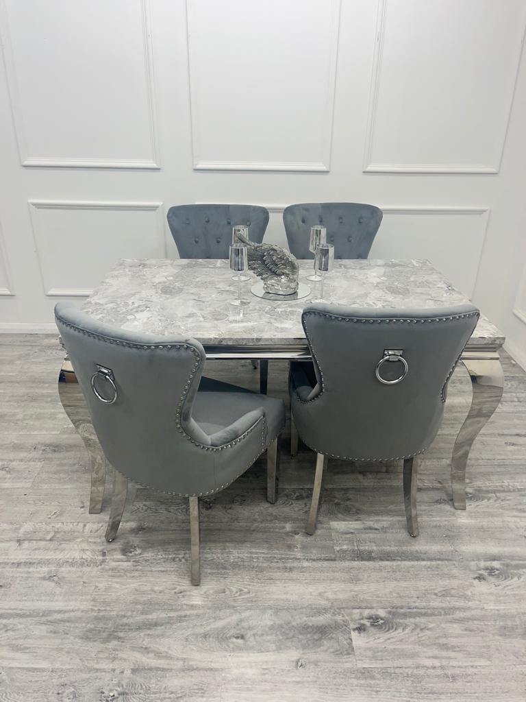 Louis Chrome Marble Dining Set with Megan Grey Chairs