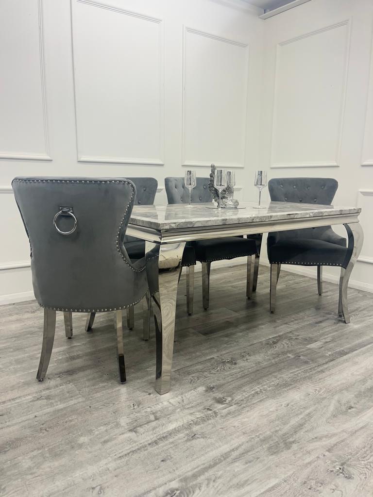 Louis Chrome Marble Dining Set with Megan Grey Chairs