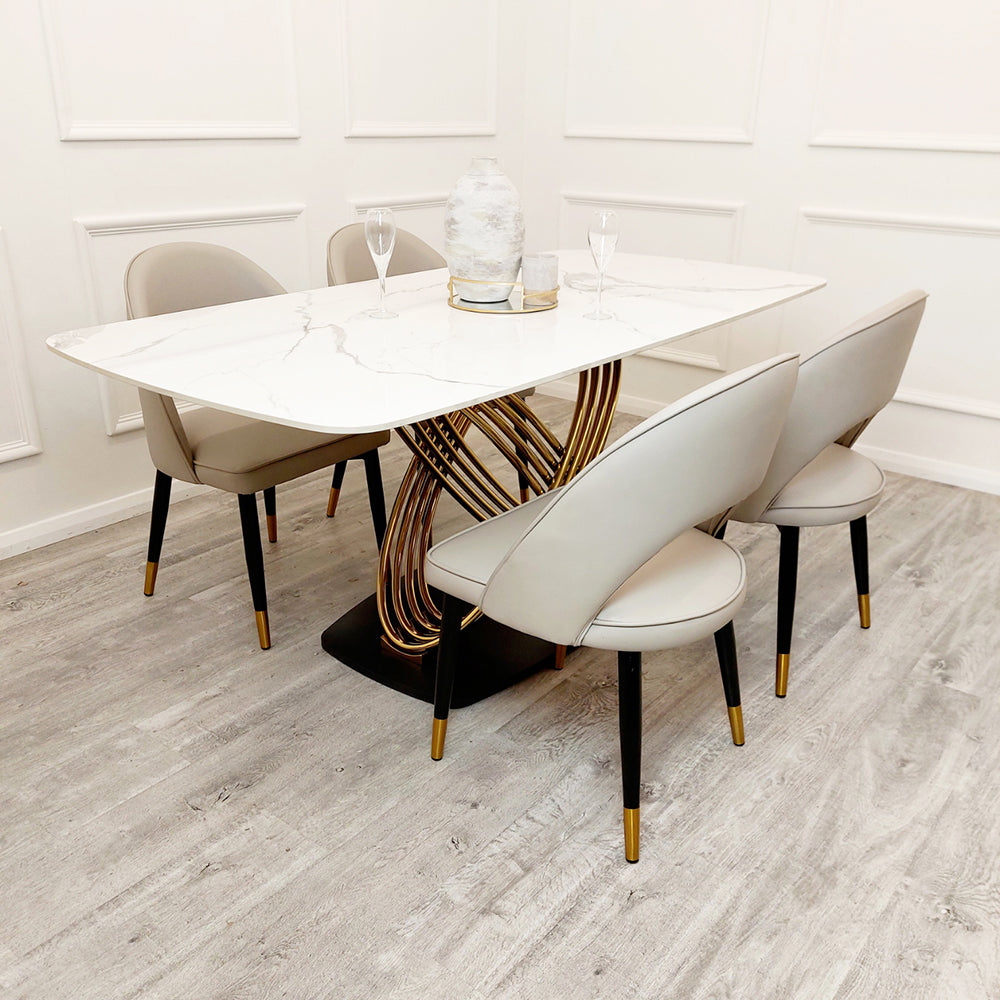 Orion Gold 1.8 Dining Table with Polar White Sintered Stone Top with Etta Chairs Set