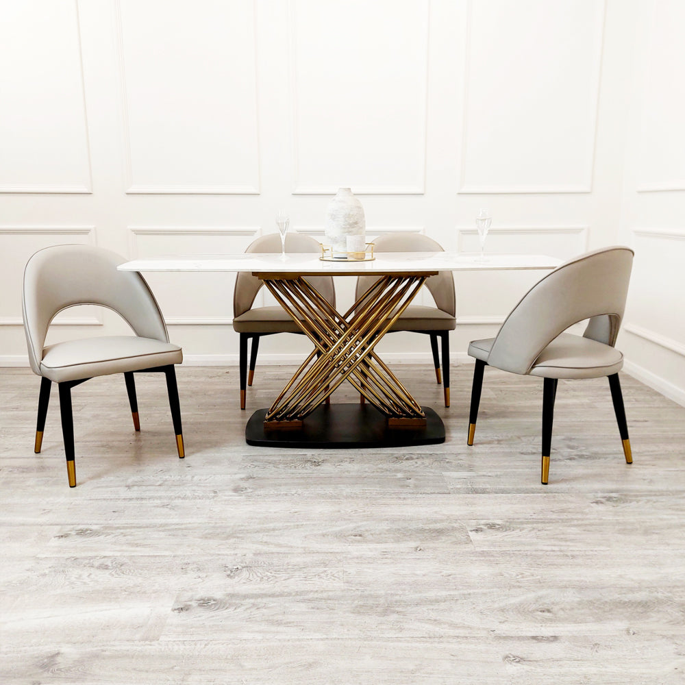 Orion Gold 1.8 Dining Table with Polar White Sintered Stone Top with Etta Chairs Set