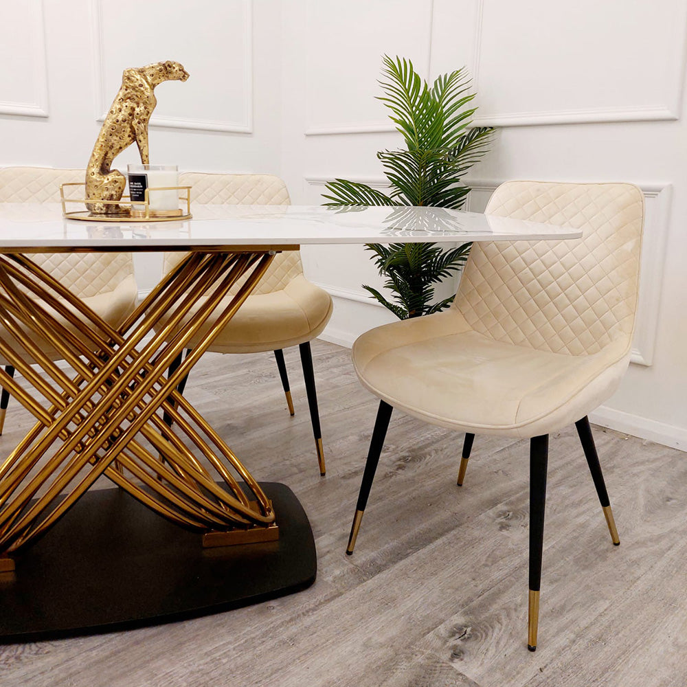 Orion Gold 1.8 Dining Table with Polar White Sintered Stone Top with Luna Chairs Set