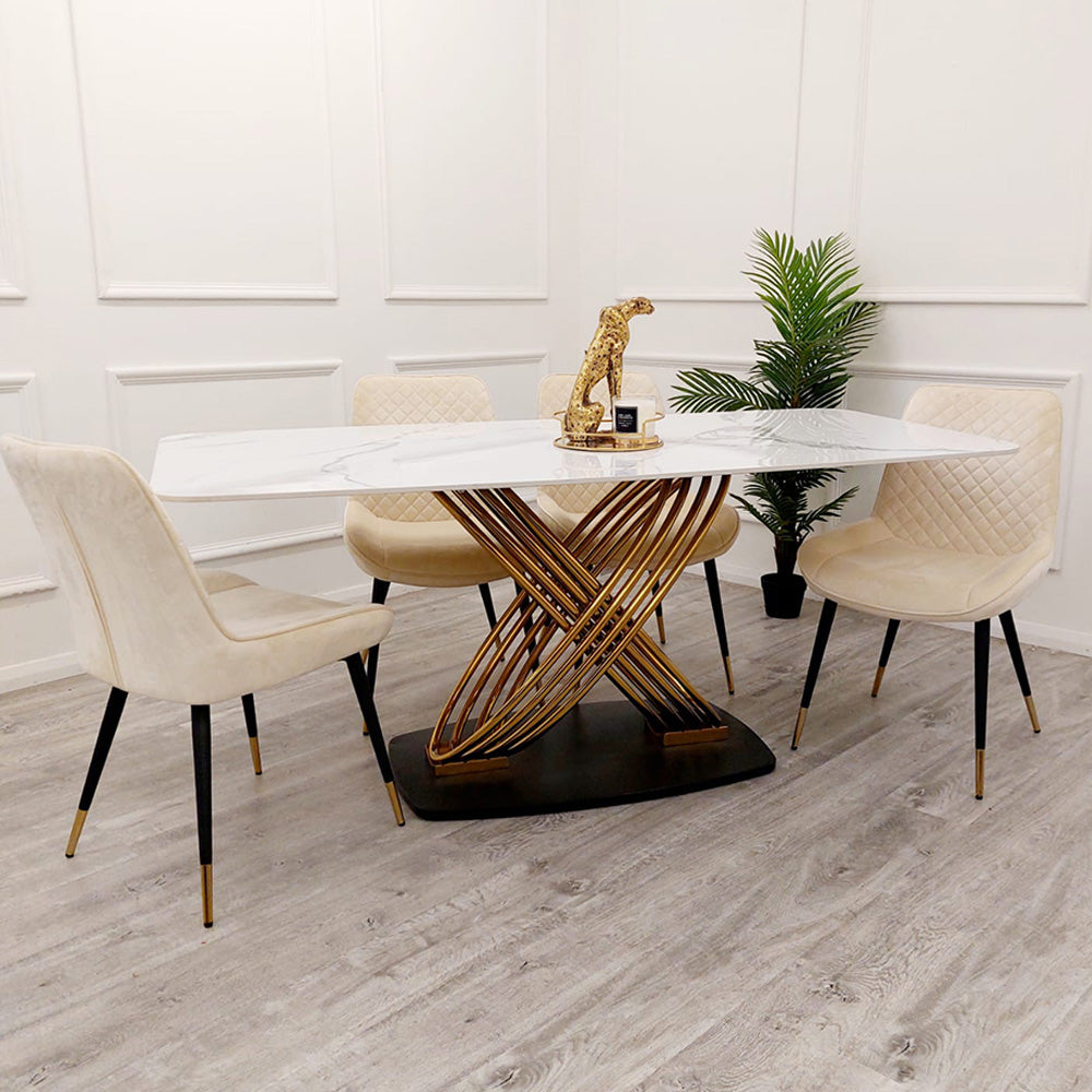 Orion Gold 1.8 Dining Table with Polar White Sintered Stone Top with Luna Chairs Set