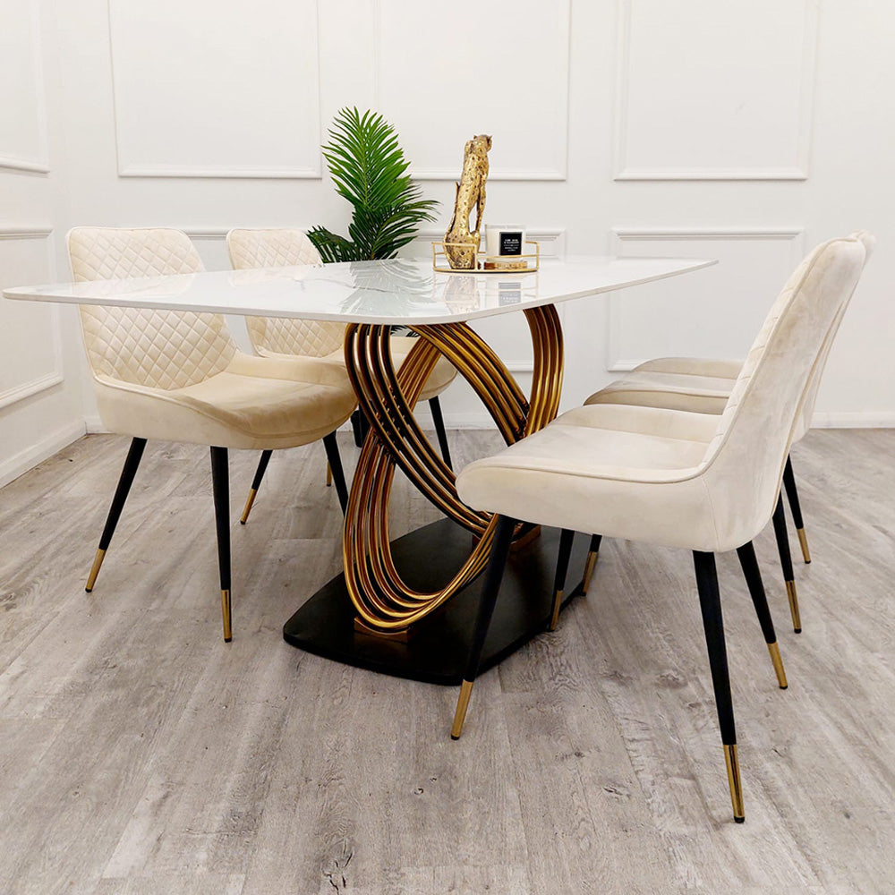 Orion Gold 1.8 Dining Table with Polar White Sintered Stone Top with Luna Chairs Set