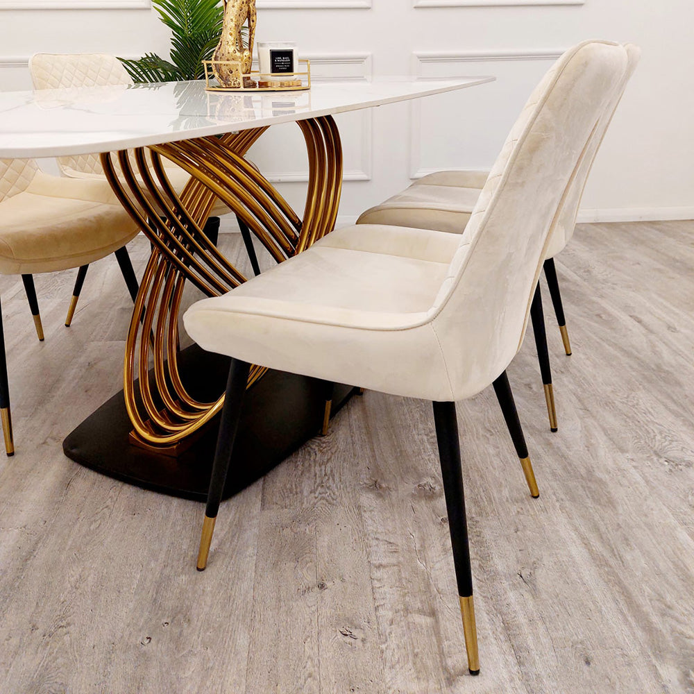 Orion Gold 1.8 Dining Table with Polar White Sintered Stone Top with Luna Chairs Set